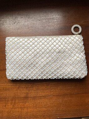 Vintage Richere Ivory Satin Beaded Clutch – Net Overlay, Beaded Zipper Pull